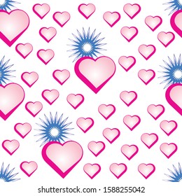 Seamless pattern of Valentines hearts and snowflakes on white background.  Romantic design for children's things, wrapping paper, greeting cards and invitations of the wedding, Valentine's Day