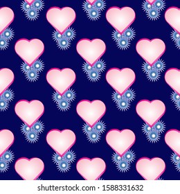 Seamless pattern of Valentines hearts and snowflakes on dark blue background. Romantic design for children's things, wrapping paper, greeting cards and invitations of the wedding, Valentine's Day