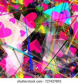 Seamless pattern with valentines hearts. Urban texture from dots, stripes, triangles. Abstract vector background for fabric, valentines day decor, wrapping, greeting card, sport and girl design