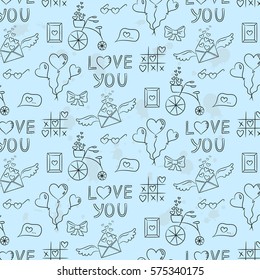 Seamless pattern with valentine's icons on the blue background for your design. Vector illustration.