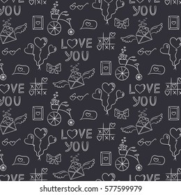 Seamless pattern with valentine's icons on the black background for your design. Vector illustration.
