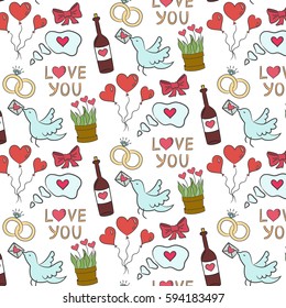 Seamless pattern with valentine's icons on the white background for your design. Vector illustration.