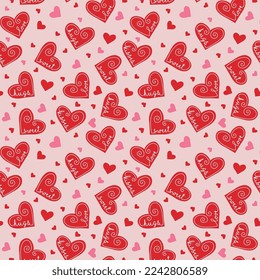 Patrón sin foco de palabras de San Valentín: abrazos, besos, amor y dulzura