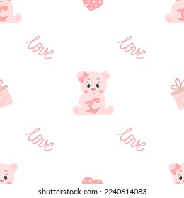 seamless pattern valentino day on white background pink bear