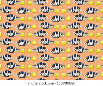 Seamless pattern with Valentin's sharpnose puffers on orange background