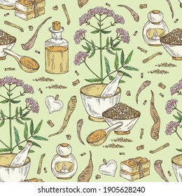 Seamless pattern with valerian officinalis: valeriana flowers and root and oil, soap and bath salt . Cosmetics and medical plant. Vector hand drawn illustration