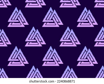 Seamless pattern with Valknut in pixel art style. Pixelated Valknut. Weaving three worlds. Style of 8-bit retro games from the 80s and 90s. Design for app, banner and poster. Vector illustration