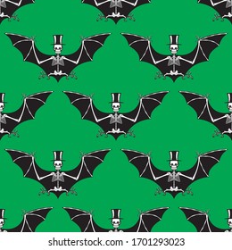 Seamless pattern of a vampire bat skeleton on a green background. Vector image eps 10