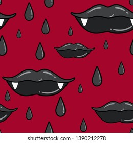 Seamless pattern with vampire female lips. Design for halloween. Printing for paper packaging, textiles, fabrics, cosmetic background. Vector illustration.