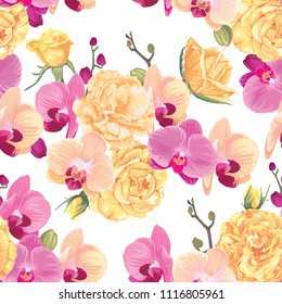 Seamless pattern of vanda orchid and rose flower on white background template. Vector set of blooming floral for holiday invitations, greeting card and fashion design.