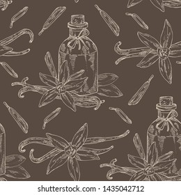 Seamless pattern with vanilla and bottle of vanilla essential oil. Cosmetic, perfumery and medical plant. Vector hand drawn