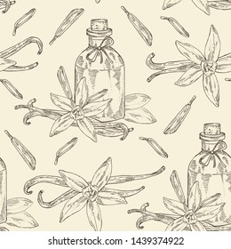 Seamless pattern with vanilla and bottle of vanilla essential oil. Cosmetic, perfumery and medical plant. Vector hand drawn