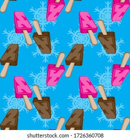 seamless pattern of vanilla and chocolate ice cream on a blue background. Vector image eps 10