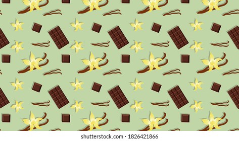 Patrón sin foco con vainilla y chocolate sobre un fondo verde. Papel tapiz, papel impreso, diseño textil moderno, papel envolvente