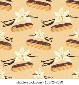 Seamless pattern with vanilla eclair in chocolate glaze and vanilla pods on a beige background. Glazed airy eclairs. Wallpaper, print, wrapping paper, modern textile design. Vector illustration.