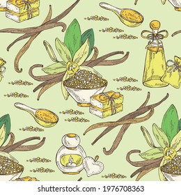 Seamless pattern with vanilla flower and pod. vanilla Oil, soap and bath salt . Cosmetics and medical plant. Vector hand drawn illustration