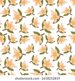 Seamless pattern with vanilla flower. Sweet vanilla. Endless texture with tropical exotic flowers and blooming. Cute flat vector background. Wallpaper, print, wrapping paper, modern textile design. 