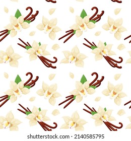 Seamless pattern with vanilla and flowers. Cartoon design.
