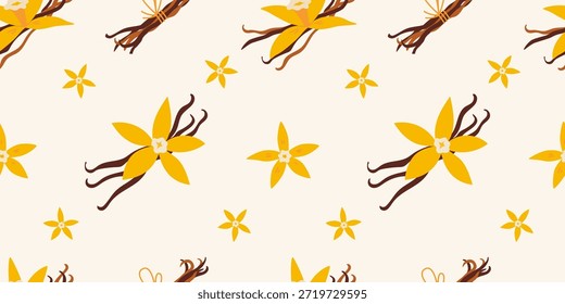 Padrão sem emenda com flores e vagens de baunilha. Ilustração botânica inspirada no tempero e no aroma natural. Arte vetorial na moda sobre fundo claro, desenhado à mão, design plano