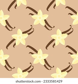 Seamless pattern with vanilla flowers and vanilla sticks. Vector illustration cartoon flat style