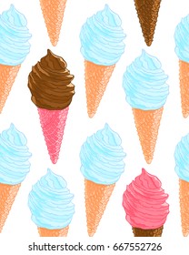 Seamless pattern with vanilla, pink and chocolate ice cream cones. Summer texture for textile, fabric, wallpaper.