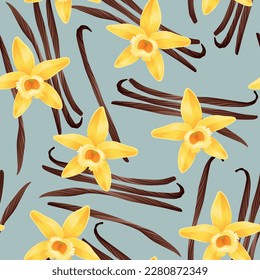 Seamless pattern with vanilla pods and flowers