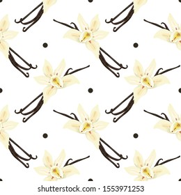 Seamless pattern with vanilla pods. Sweet vanilla. Wallpaper, print, wrapping paper, modern textile design. Vector illustration.