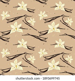 Seamless pattern with vanilla pods. Sweet vanilla. Wallpaper, print, wrapping paper, modern textile design. Vector illustration.