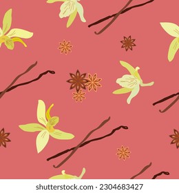 Patrón sin foco con vainilla. Vainilla dulce. Fondo, impresión, papel envolvente, diseño textil moderno. Ilustración del vector