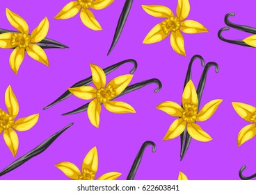 Seamless pattern with vanilla sticks and flower. Decorative ornament.