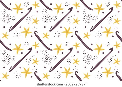Seamless pattern of vanilla sticks with flowers vector illustration on white background for food bakery and drink design ,paper and textile print.