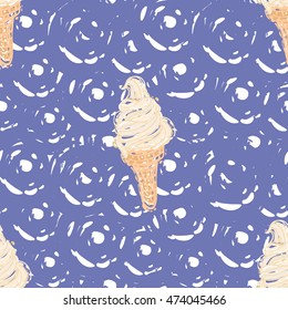 Seamless pattern with vanilla swirl ice cream cone on blue dots. Hand drawn sketch elements in decorative fashion style. Bakery, ice-cream dessert inspired illustration.