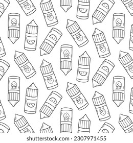 Seamless pattern with vape liquid. Vector illustration. Doodle style. Print with electronic cigarettes.