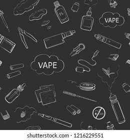 Seamless pattern with vape sketches. Electronic cigarettes and vape liquids on a dark background
