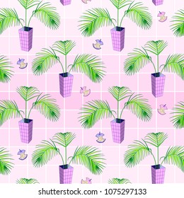 Seamless pattern in vaporwave style with palm plant leaves in pots and apples. Pink background. Vector illustration for printing - graphic t-shirts and other apparel, wallpapers, wrapping paper etc.