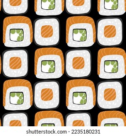 Seamless pattern with variation Sushi roll set illustration on black background