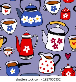 Seamless pattern with varicoloured teapots and dishes on a gray-blue background. Tea accessories. Cute cartoon pattern with funny teapots.