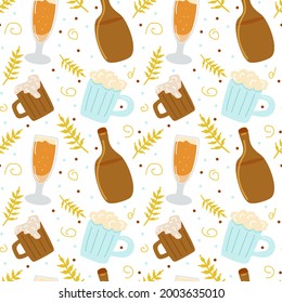 Seamless pattern with varied beer and wheat elements and dots. Vector  endless texture for wallpaper, octoberfest banner, brewery broshure etc. Hand drawn illustration isolated on white background.