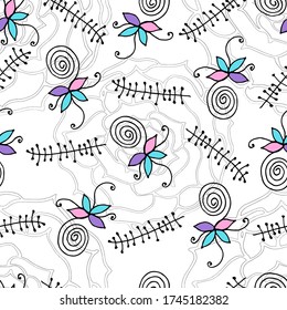 Seamless pattern with varied doodle plants.