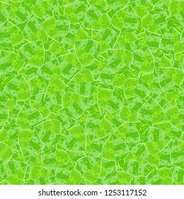 Seamless pattern of variegated green maple leaves lying on a background of square weaving. Camouflage.