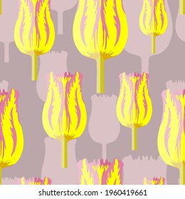 Seamless pattern with varietal lilac and yellow tulip. Lilac silhouettes of the same tulip on the bottom layer. Symmetrical tulip without leaves. Pattern for fabrics, print, web usage etc.