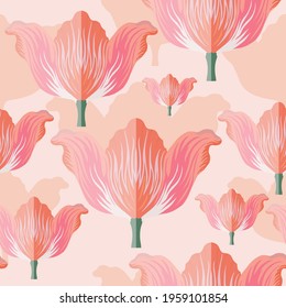 Seamless pattern with varietal pink and orange tulip. Pink silhouettes of the same tulip on the bottom layer. Symmetrical tulip without leaves. Pattern for fabrics, print, web usage etc.