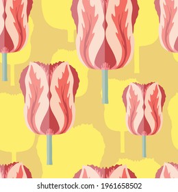 Seamless pattern with varietal pink and red tulip. Yellow silhouettes of the same tulip on the bottom layer. Symmetrical tulip without leaves. Pattern for fabrics, print, web usage etc.