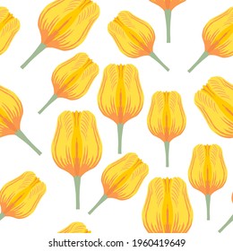 Patrón sin foco con tulipán varietal vibrante amarillo y naranja. Tulipanes coloridos sobre el fondo blanco. Tulipán simétrico sin hojas. Patrón para telas, impresión, uso de la web, etc.