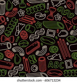 Seamless pattern with varieties of pasta. Design elements in thin line style. Color print on black background