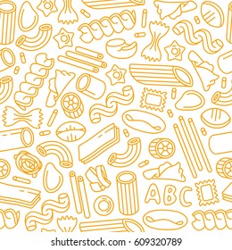 Seamless pattern with varieties of pasta. Design elements in thin line style. Yellow print on white background