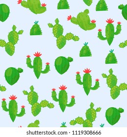 Seamless pattern of a variety of abstract cacti on a light background. 

Vector