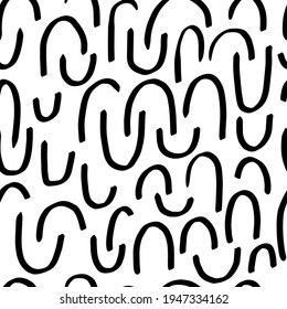 Seamless pattern with variety abstract shapes, lines, strokes, stripes. Background drawn with ink and marker in hand drawn style. Illustrations with natural texture in the Scandinavian style. Vector