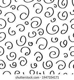 Seamless pattern with variety abstract shapes, lines, spirals, stripes. Background drawn with ink and marker in hand drawn style. Illustrations with natural texture in the Scandinavian style. Vector
