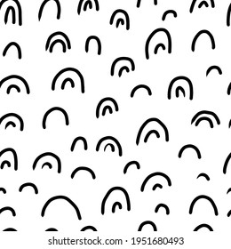 Seamless pattern with variety abstract shapes, lines, strokes,rainbow. Background drawn with ink and marker in hand drawn style. Illustrations with natural texture in the Scandinavian style. Vector